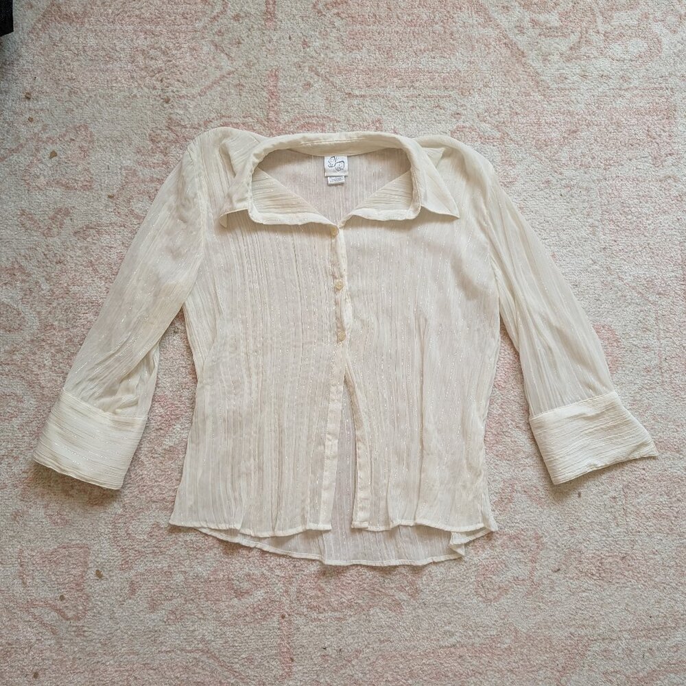 White sheer button up with metallic thread